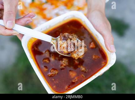 Bograch, borscht, zuppa piccante spessa con barbabietole e carne, primo piano. La ragazza tiene borscht in un piatto, vista dall'alto. Borsch ucraino Foto Stock
