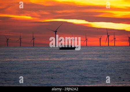 Un paesaggio marino con una nave e una linea di turbine eoliche che si stagliano contro il cielo al tramonto. Foto Stock