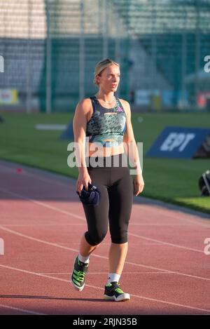 Elina Tzengko è una atleta greca di atletica leggera e giavellottista. Ed è stato nominato campione europeo nel 2022. Volos 8 luglio 2023. Grecia Foto Stock