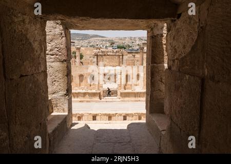 View from one of the five vomitoria on the stage of the north theater in the ancient  city of Gerasa  in present day Jerash, northern Jordan Stock Photo