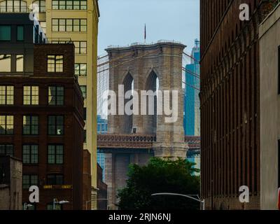 Una vista aerea della torre del ponte di Brooklyn tra gli edifici di Brooklyn, New York Foto Stock
