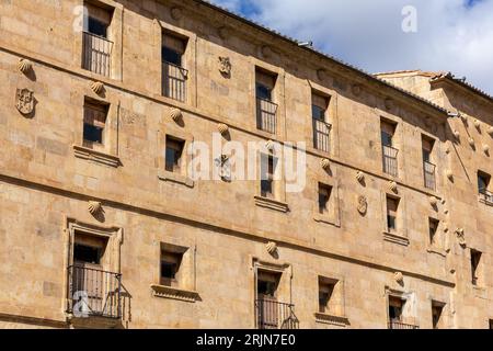 Casa de las Conchas a Salamanca, Spagna, facciata decorata con sculture a conchiglia, stile gotico, finestre e stemmi. Foto Stock