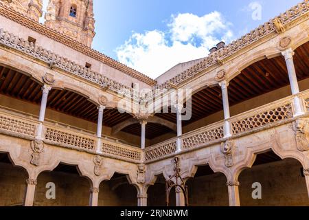 Casa de las Conchas in Salamanca, Spain, inside courtyard view with Gothic and renaissance elements, carved arches and cloisters. Stock Photo