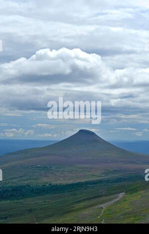 Vista a distanza della montagna di Städjan con vegetazione climatica della tundra con copertura di nubi a Dalarna in Svezia Foto Stock