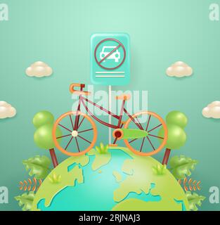 Giornata mondiale senza auto. Bicicletta su terra in miniatura con elementi vegetali intorno, illustrazione vettoriale 3D. Adatto per l'istruzione e gli eventi Illustrazione Vettoriale