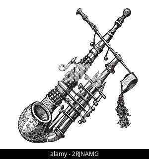 Musical scozzese bagpipe schizzo retrò disegnato a mano in stile comico Music Vector Illustrazione Vettoriale