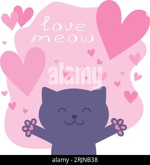 Il gatto dei cartoni animati chiede amore. Grazioso gatto abbracciante in stile infantile con un testo Love meow and Hearts. Illustrazione vettoriale Illustrazione Vettoriale