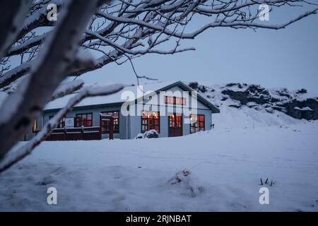 È raffigurata un'idilliaca scena invernale, con una casa pittoresca circondata da alberi innevati a Reykjavik, in Islanda Foto Stock