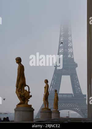 Una vista panoramica delle sculture contro la Torre Eiffel in una giornata di nebbia a Parigi, in Francia Foto Stock