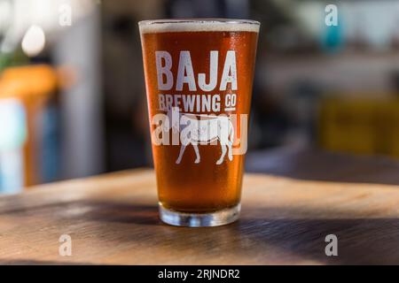 Una pinta di birra lager appoggiata su un tavolo di legno accanto a una parete bianca, vista dall'alto Foto Stock