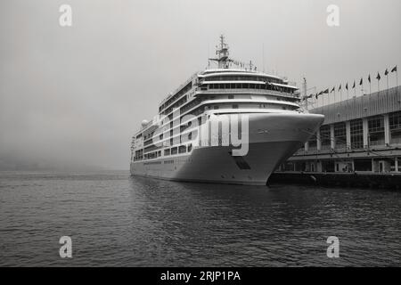 La nave da crociera Silver Spirit è nel porto di Hong Kong. Giornata piovosa e nebbiosa Foto Stock