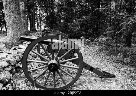 Una vista monocromatica di due canoni vintage neri al Gettysburg National Military Park Foto Stock