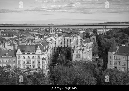 Vista autunnale del ponte e di parte di Praga in bianco e nero II da Vysehrad, Repubblica Ceca Foto Stock