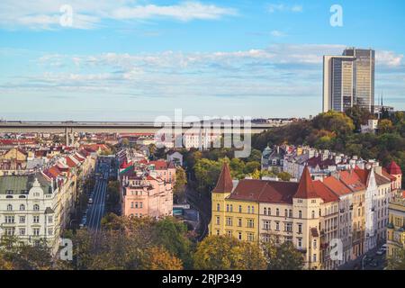 Autumn view of bridge and tall building in Prague from Vysehrad, Czech Republic Stock Photo