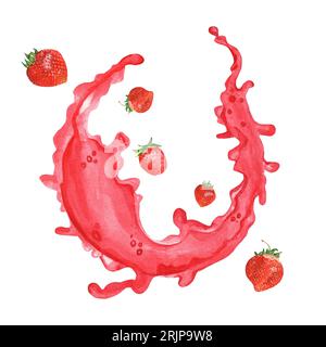 Hand drawn watercolor illustration. Splash of red juice with strawberries in the composition Stock Photo