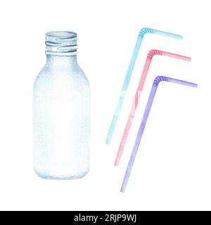 Hand drawn watercolor illustration. Transparent bottle with strawn for cold drinks and beverages Stock Photo