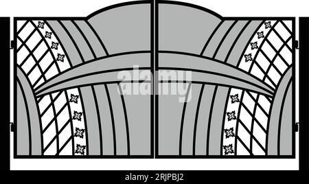 Moderni cancelli forgiati, icone dei cancelli, insegne dei portali, cancelli decorativi in metallo con volantini, frecce e ornamenti, illustrazione vettoriale Illustrazione Vettoriale