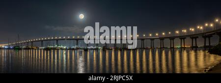 Full moon over Coronado bridge, panorama at night in San Diego, California Stock Photo