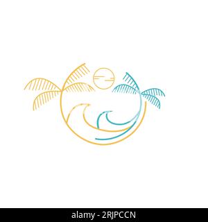 Grafica con logo palme estive, semplice illustrazione vettoriale, icona, modello di grafica tropicale. Logo Art Tropical Island line minimalista vecto semplice Illustrazione Vettoriale