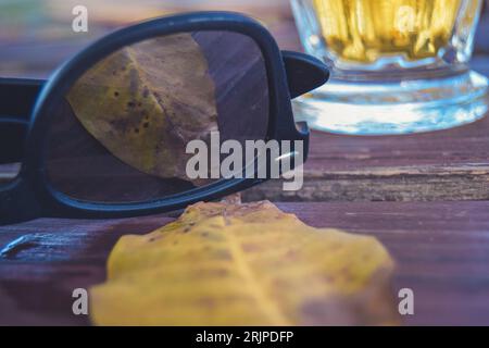 Leaf reflection in sun glasses in autumn, Vysehrad, Prague, Czech Republic Stock Photo