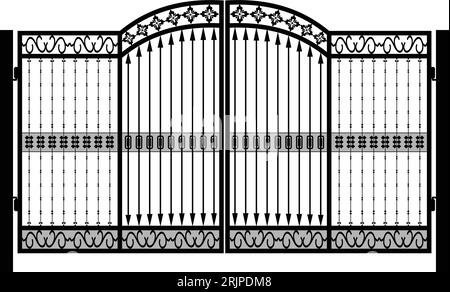 Moderni cancelli forgiati, icone dei cancelli, insegne dei portali, cancelli decorativi in metallo con volteggi, frecce e ornamenti, contorno delle illustrazioni vettoriali Illustrazione Vettoriale