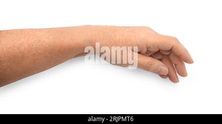 Vista ravvicinata delle mani di una donna con la pelle che invecchia, vista dall'alto Foto Stock