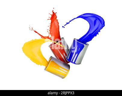 Vernice di colori diversi che spruzza dalle lattine su sfondo bianco Foto Stock