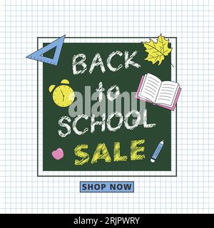 Banner vettoriale Back to School sullo sfondo a scacchi. Con lavagna verde e bottone blu Acquista ora Illustrazione Vettoriale