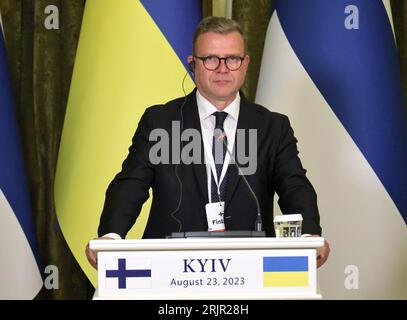 Kiev, Ucraina. 23 agosto 2023. KIEV, UCRAINA - 23 AGOSTO 2023 - il primo ministro della Repubblica di Finlandia Petteri Orpo partecipa a un briefing congiunto con il presidente dell'Ucraina Volodymyr Zelenskyy, Kiev, capitale dell'Ucraina. Credito: Ukrinform/Alamy Live News Foto Stock