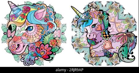 Unicorni a zentangolo in stile mandala. Può essere utilizzato per la stampa su t-shirt, carta da parati o poster. Illustrazione Vettoriale