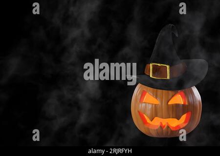 Jack o lanterna di zucca di Halloween in un cappello da strega su sfondo nero in nebbia. Rendering 3D. Foto Stock