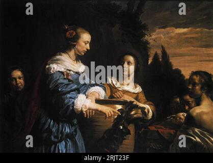 La figlia del Faraone e le sue cameriere con Mosè nel cesto di canna 1661 di Jan de Bray Foto Stock