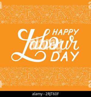 Illustrazione vettoriale. Modello di biglietto d'auguri per la Festa del lavoro. Lettering e strumenti di lavoro su sfondo giallo. Illustrazione Vettoriale