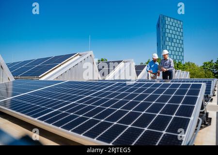 Due uomini d'affari che indossano elmetti hanno una riunione sul tetto di un edificio aziendale con pannelli solari Foto Stock