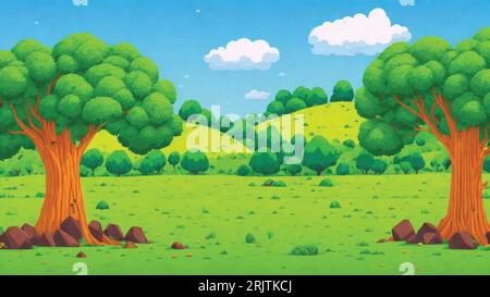 Un paesaggio verde cartoni animati con alberi e rocce, arte di sfondo Illustrazione Vettoriale
