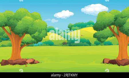 Un paesaggio verde cartoni animati con alberi e rocce, sfondo Illustrazione Vettoriale