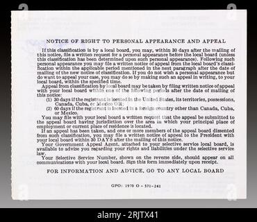 Back side of a 1970s draft card with information for requesting a Notice of Right to Personal Appearance and Appeal at the local draft board. The appe Stock Photo