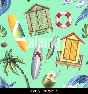 Cabine sulla spiaggia, tavole da surf, palme, fiori, noci di cocco, wave. Illustrazione acquerello disegnata a mano. Motivo senza cuciture su sfondo turchese Foto Stock