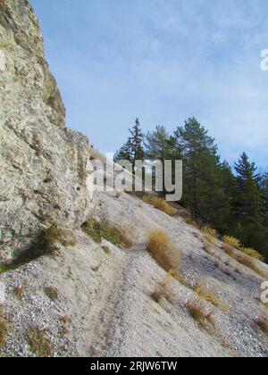 Sentiero che passa sotto una parete di roccia attraverso un ghiacciaio con erba gialla secca e pini scozzesi sulla strada per Dovska Baba, sulle montagne del Karavanke, Slovenia Foto Stock