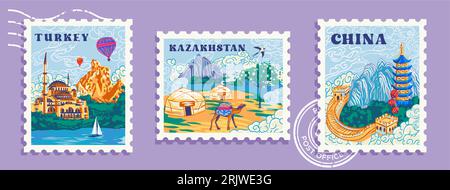 Collezione di francobolli moderni kazakistan, turchia, cina, Set di francobolli in stile piatto, Set di francobolli paesaggistici con design piatto, Set di francobolli fatti a mano Illustrazione Vettoriale