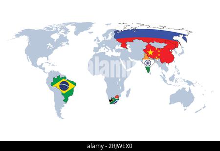 BRICS member countries maps with flags isolated in white Stock Photo