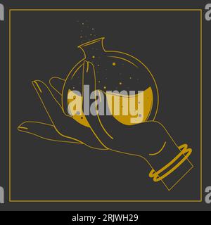 Strega con bottiglia di veleno cartolina con illustrazioni magiche. Illustrazione Vettoriale