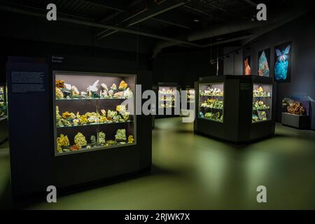Praga, Repubblica Ceca - 23 agosto 2023: Collezione di minerali nel Museo dei dinosauri di Praga Foto Stock