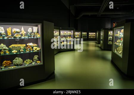 Praga, Repubblica Ceca - 23 agosto 2023: Collezione di minerali nel Museo dei dinosauri di Praga Foto Stock