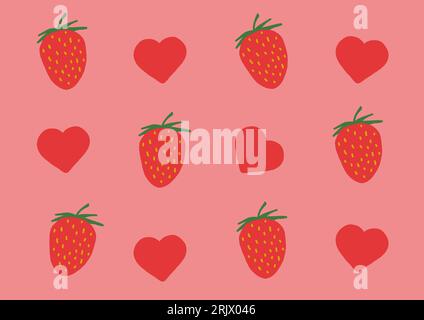 cuori semplici e fragole su sfondo rosa Foto Stock