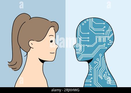 Intelligenza artificiale sotto forma di silhouette nei colori della scheda computer vicino alla donna, metafora per l'introduzione delle tecnologie di intelligenza artificiale. Concetto di concorrenza tra persone e intelligenza artificiale Illustrazione Vettoriale