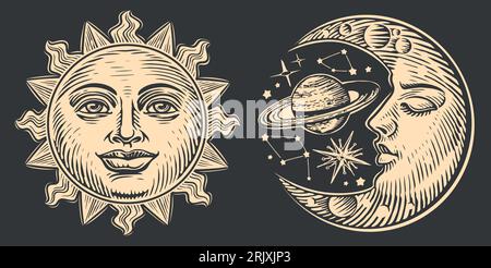 Luna e Sole con volto stilizzato come incisione. Giorno e notte. Illustrazione vettoriale disegnata a mano astrologia Illustrazione Vettoriale