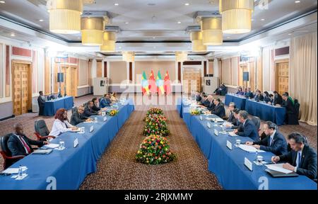 Johannesburg, Sudafrica. 23 agosto 2023. Il presidente cinese Xi Jinping incontra il primo ministro etiope Abiy Ahmed ai margini del 15° vertice BRICS a Johannesburg, Sudafrica, 23 agosto 2023. Crediti: Zhai Jianlan/Xinhua/Alamy Live News Foto Stock