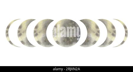 Acquerello Moon Stages disegnati a mano isolati su un'illustrazione bianca. Fasi lunari, discesa o ceretta di luna crescente. Eclissi lunare in fasi dal pieno al Foto Stock
