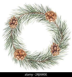 Illustrazione della corona ad acquerello con rametto di pino e coni. Clipart isolati con spazio per il testo per il design natalizio e le composizioni di Capodanno Foto Stock